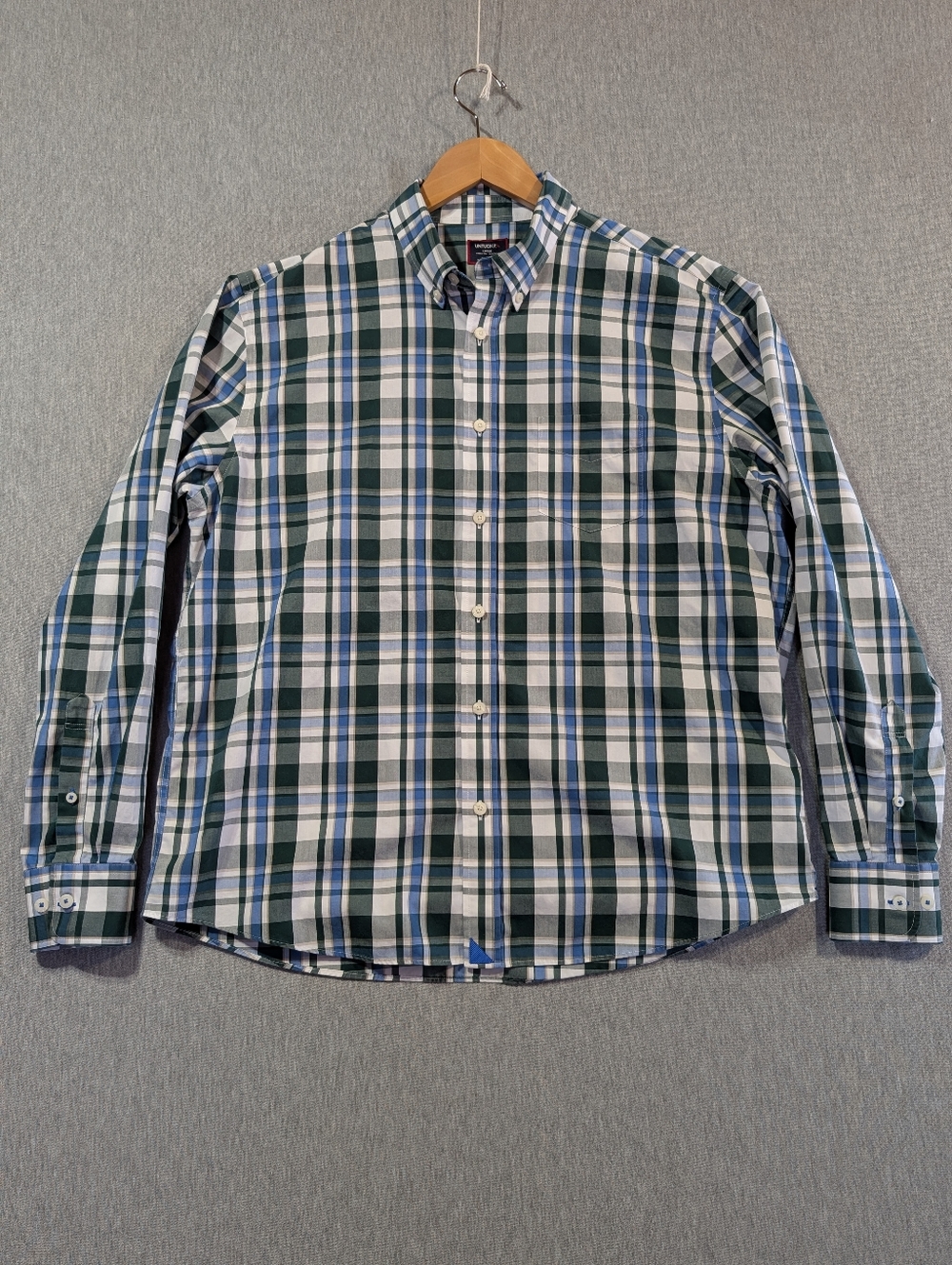 Untuckit Relaxed Fit Plaid Shirt Men's Large Green Blue White Wrinkle Fit